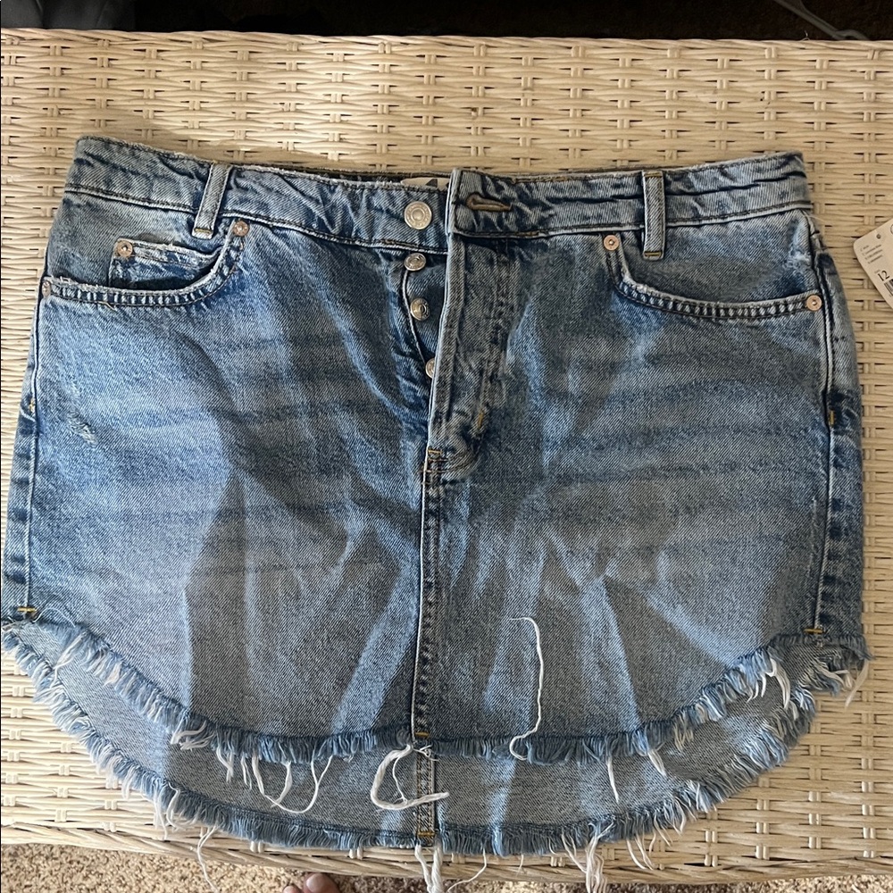 We The Free Light Blue Denim High-Low Frayed Hem Skirt